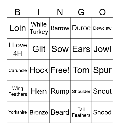 Swine and Poultry Bingo Card