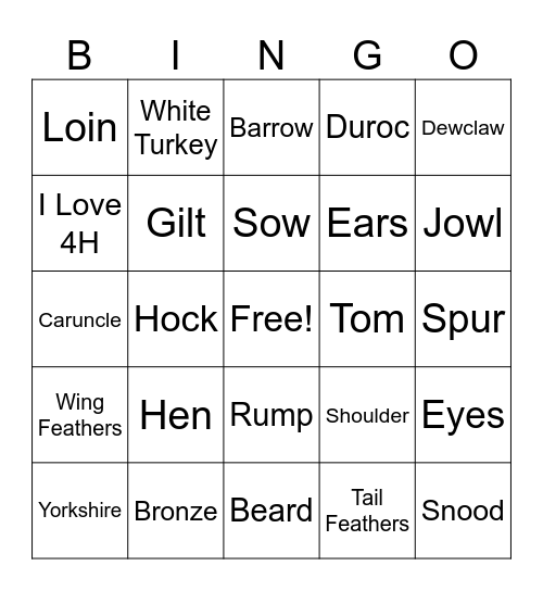 Swine and Poultry Bingo Card