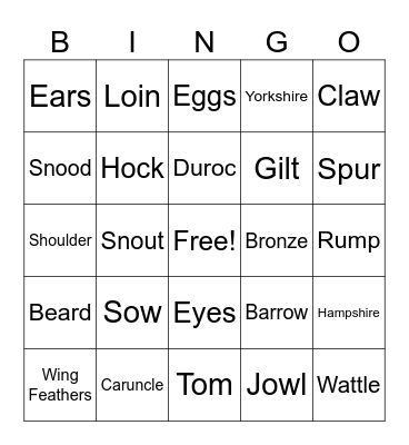 Poultry and Swine Bingo Card