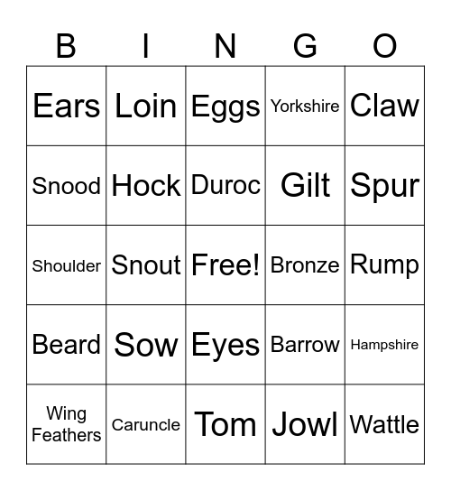 Poultry and Swine Bingo Card