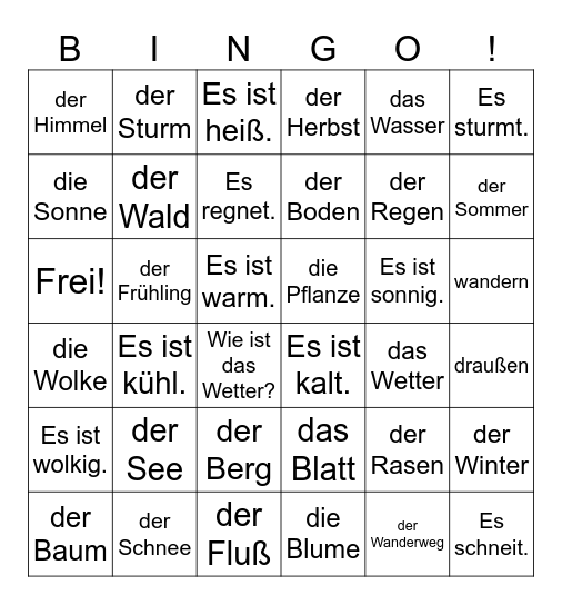 German 1 die Natur Bingo Card