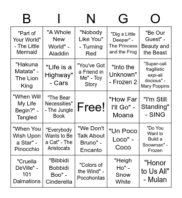 Disney Music Bingo Card
