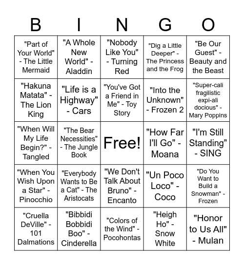 Disney Music Bingo Card