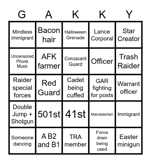 GAR BINGO Card