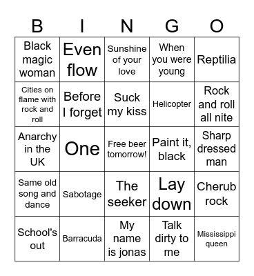 Guitar Hero Bingo Card