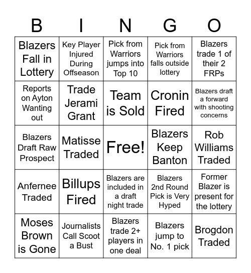 Blazers Offseason Bingo Card