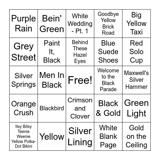 Round 3 & 4 - Songs w/ Colors Bingo Card