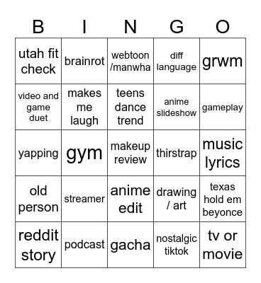 tiktok Bingo Card