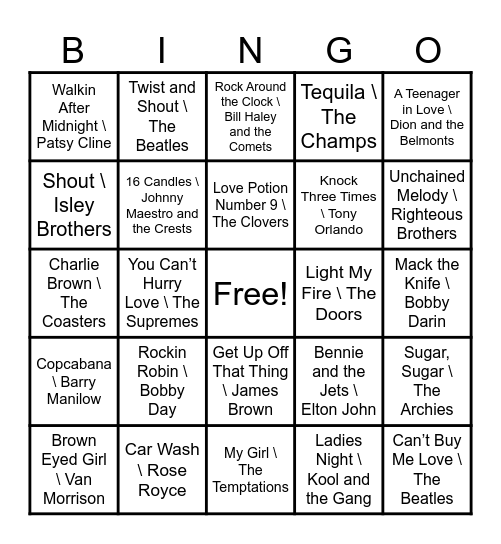 The 50's 60's and 70's Bingo Card