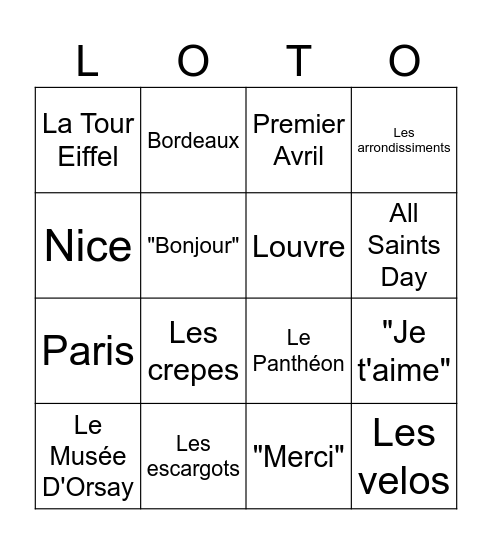 Le club francais LOTO Bingo Card