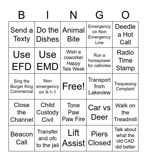 National Public Safety Telecommunicators Week Bingo Card