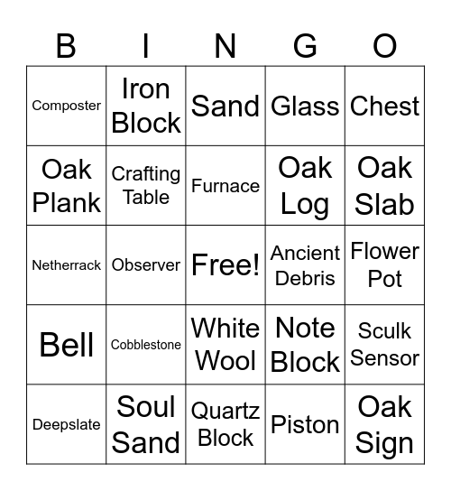 Minecraft Block Bingo Card