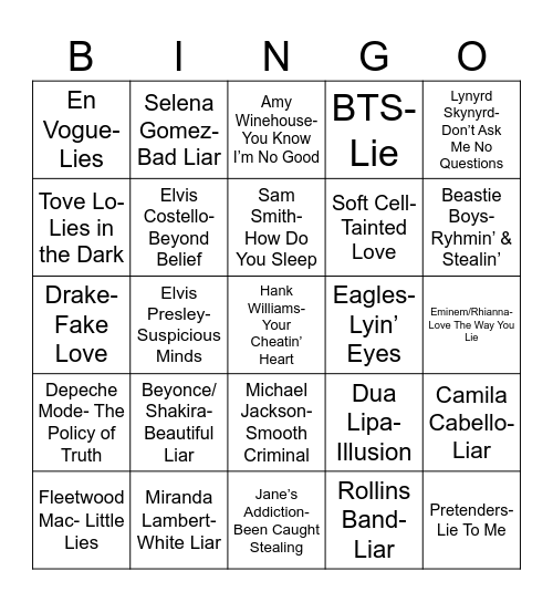 Radio Bingo Dishonest Music Bingo Card