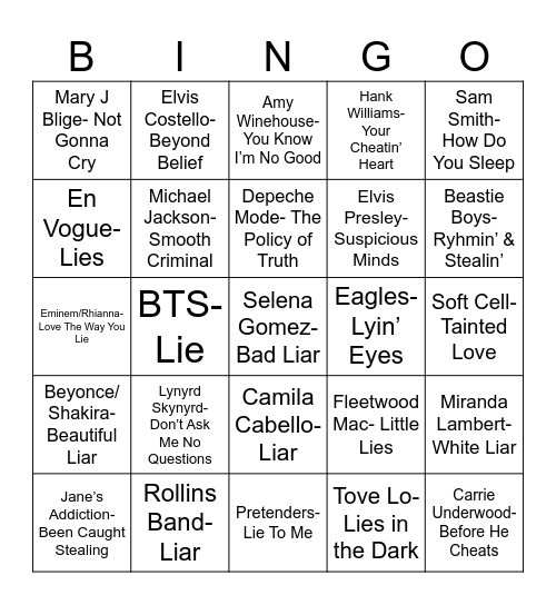 Radio Bingo Dishonest Music Bingo Card