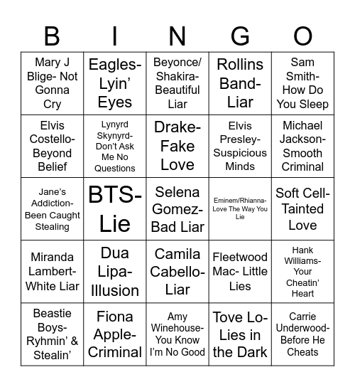 Radio Bingo Dishonest Music Bingo Card