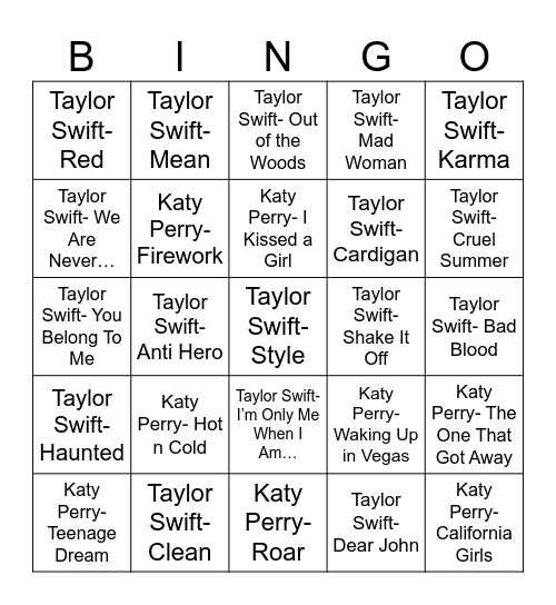 Radio Bingo Katy Perry vs. Taylor Swift Bingo Card