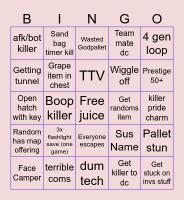 DEAD BY DAYLIGHT Bingo Card