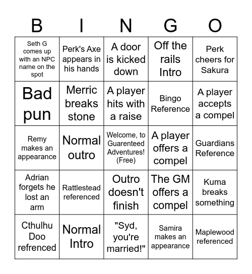 Guaranteed Adventures Bingo Card