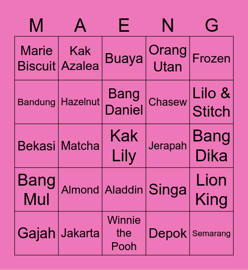 Marsha Bingo Card