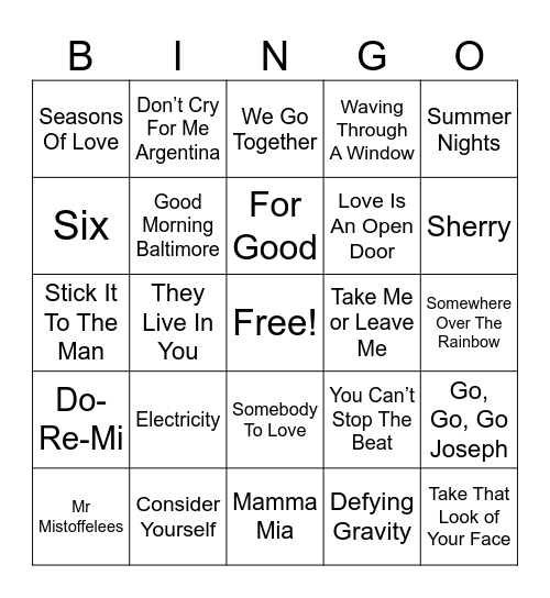 Musicals Bingo Card