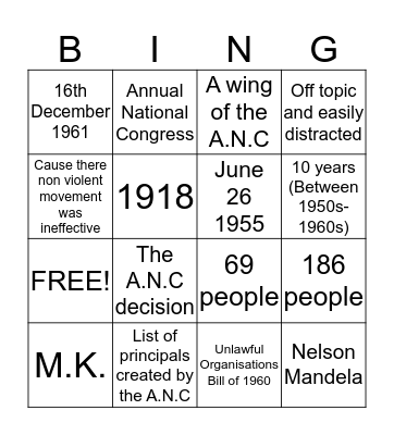Umkhonto we Sizwe Bingo Card
