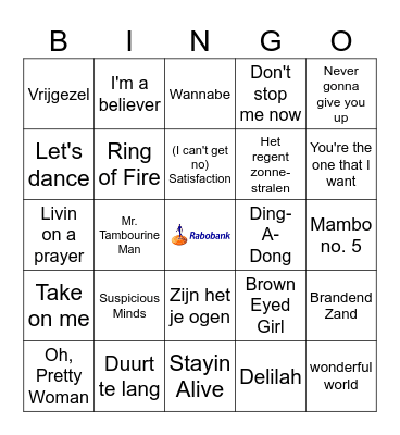 Muziekbingo Rabobank deel 1 Bingo Card