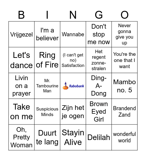 Muziekbingo Rabobank deel 1 Bingo Card