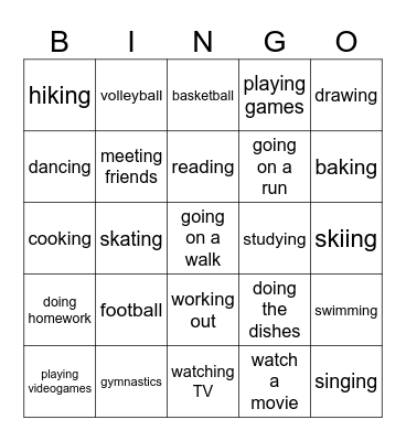 Hobbies Bingo Card