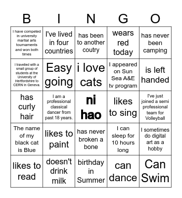 Get to know each other Bingo Card