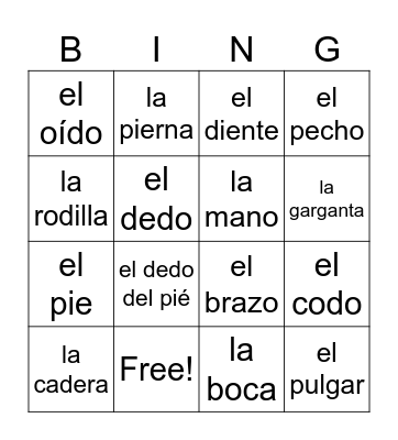 Body Part Bingo Card