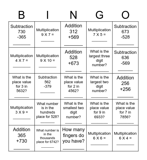 Level 3 Math Review Bingo Card