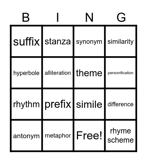 ELA Vocabulary BINGO Card