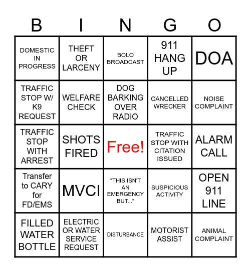 APD DISPATCH Bingo Card