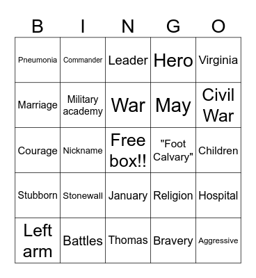 Thomas "Stonewall" Jackson Bingo Card