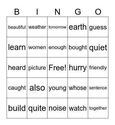 2B Sight Words Bingo Card