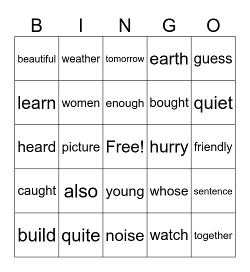 2B Sight Words Bingo Card