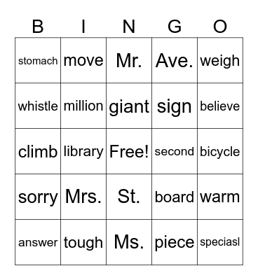 1R Tricky Words Bingo Card