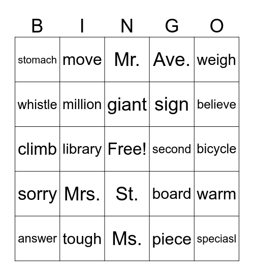 1R Tricky Words Bingo Card