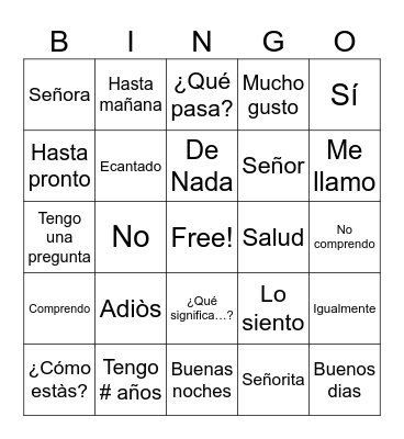 Spanish Bingo Card