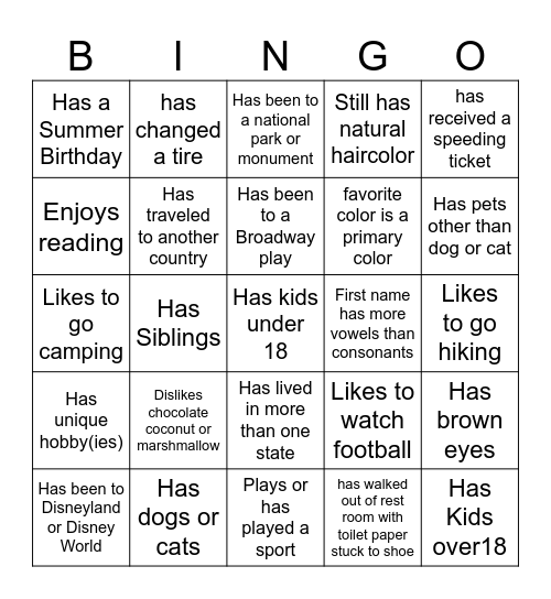 Get to Know You Bingo Card