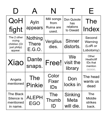 Canto 7-12 Predictions Bingo Card