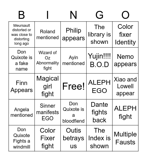 Limbus Compnay Bingo Card