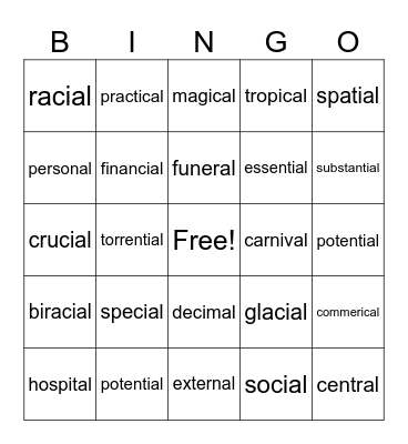 al tial cial words Bingo Card