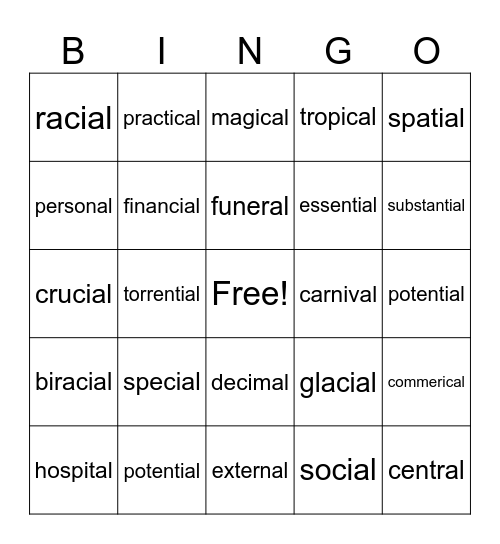 al tial cial words Bingo Card