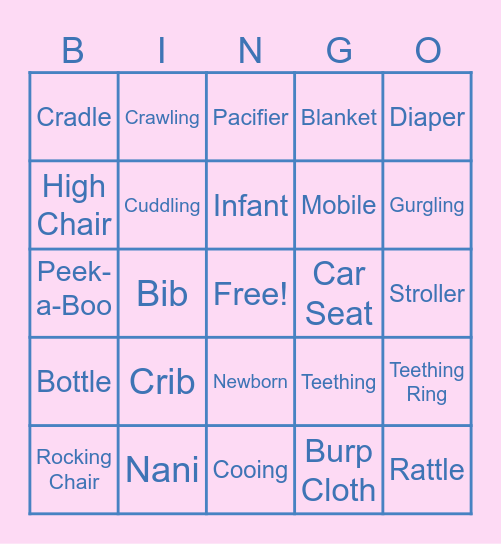 Avani's Baby Shower Bingo Card