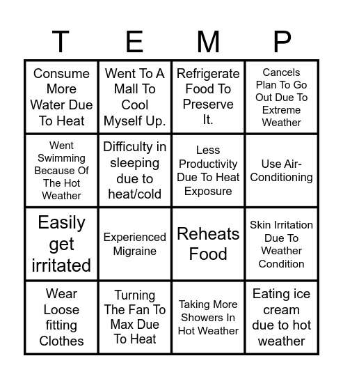 TEMP-O! BINGO! Bingo Card