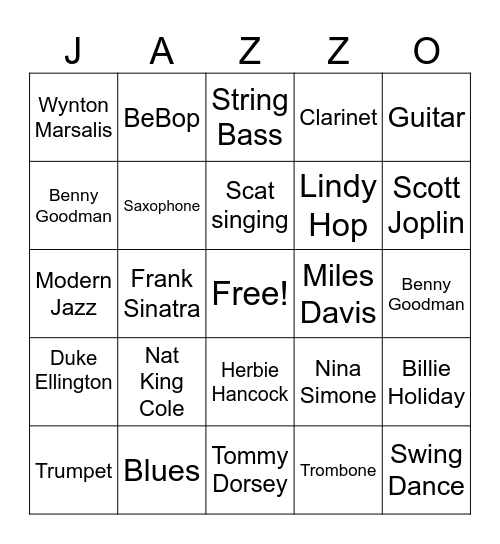Jazz Instrument Bingo Card