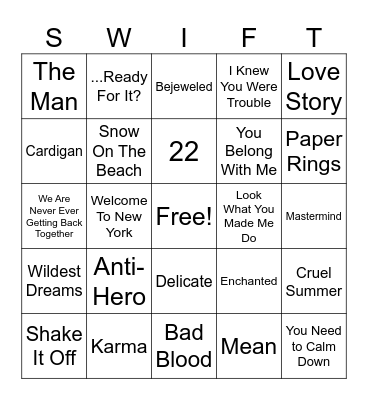 Music Bingo (Taylor's Version) Bingo Card