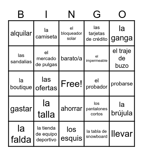 Sp2 U5B Vocabulario Bingo Card