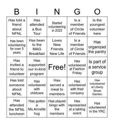 NFNL Volunteer Bingo Card